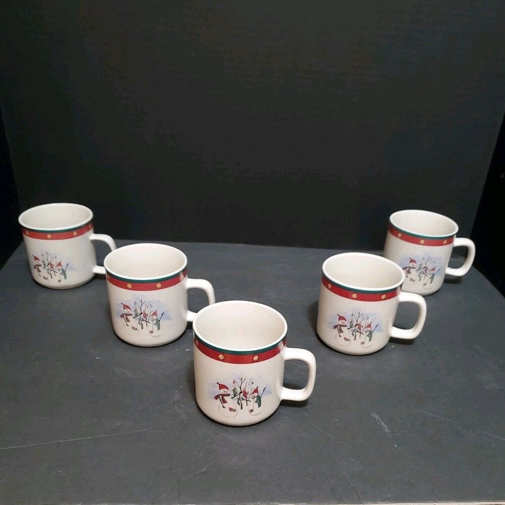 Royal Season Mugs Snowmen Pattern W/ Speckled Green Red And Gold Border 5Pk Cups